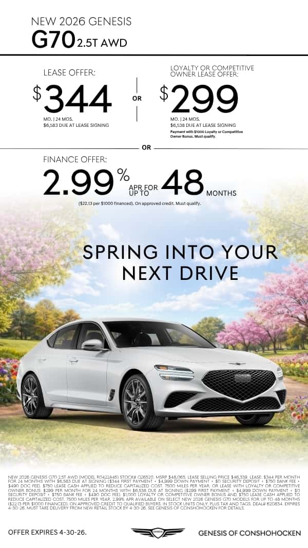 $344/mo. leases a New 2026 Genesis G70! View Specials...