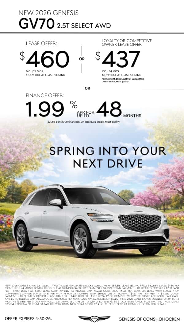 $460/mo. leases a New 2026 Genesis GV70! View Specials...