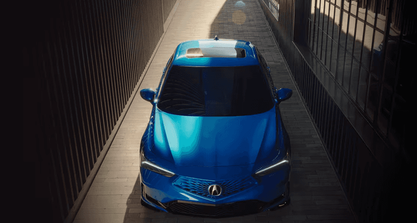 2026 Acura Integra premium paint finish in Apex Blue Pearl shown from above