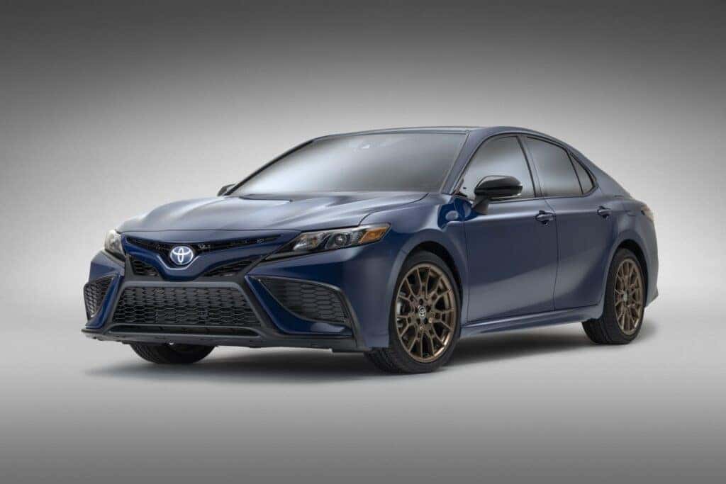 New Front Side View of a Toyota Camry in Blue