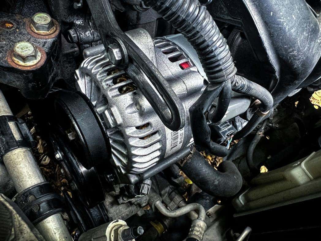 Close-up of a Toyota engine bay with hood open