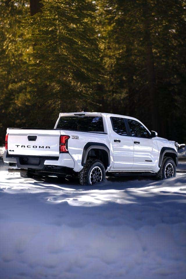 White Pickup Truck in Snowy Forest Setting
