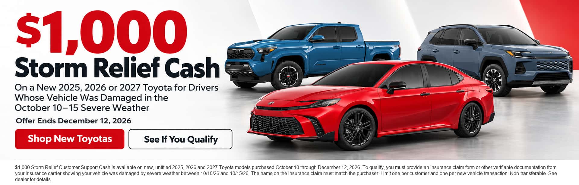 $1,000 Storm Relief Cash on a new Toyota at Allen Turner Toyota of Auburn