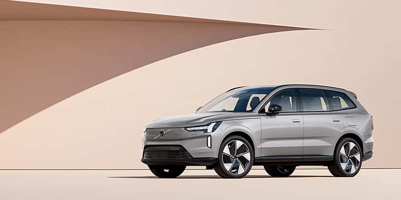A silver Volvo EX90 electric luxury SUV