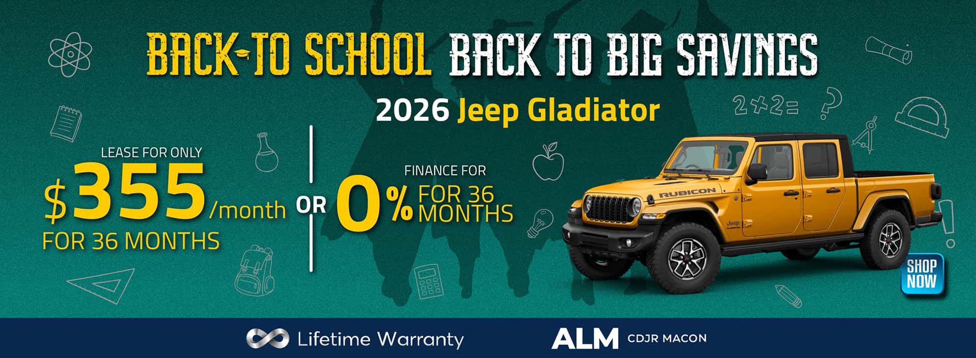 2026 Jeep Gladiator lease for 355 36 months or 0% - ALM CDJR Macon, GA