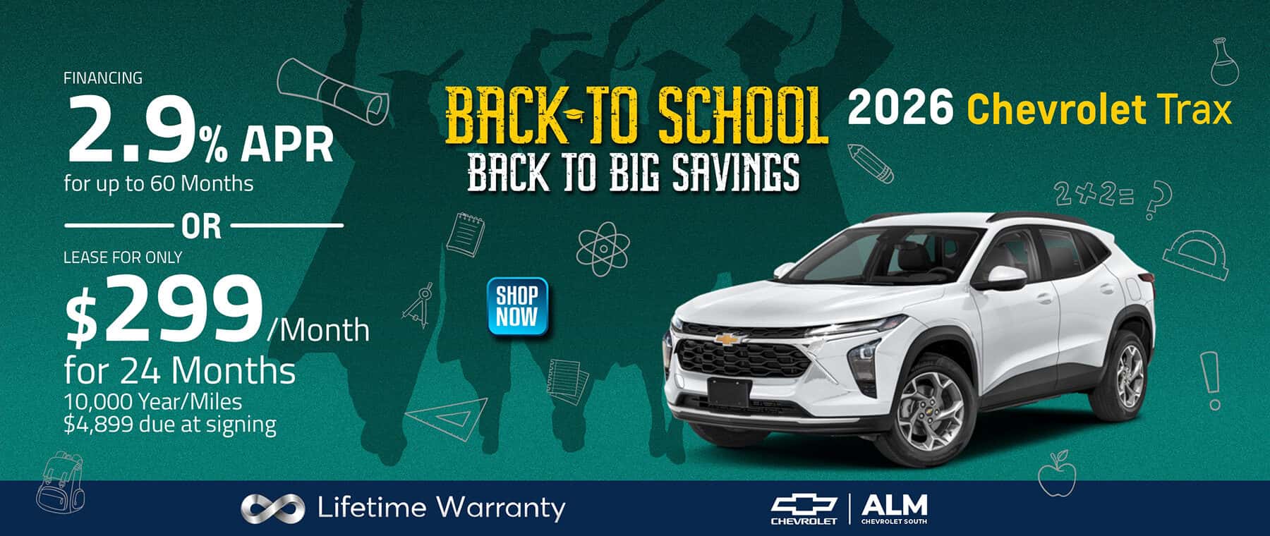 2026 Chevrolet Trax Finance for 2.9% for 60 months or lease for only $299 a month for 24 months. ALM Chevrolet South - Union City, GA