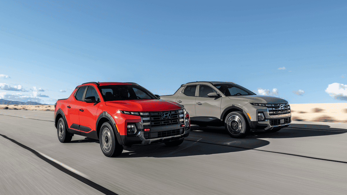 Two 2025 Hyundai Santa Cruz trucks on the move in the desert, built for outdoor adventures around Athens, GA
