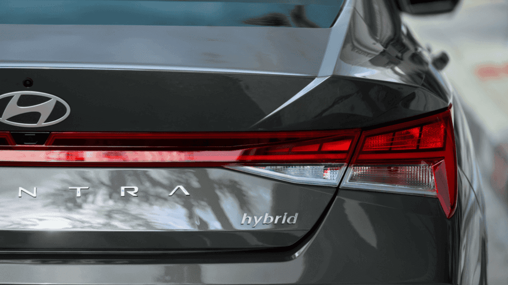 Close-up of the rear badge and LED taillights on the 2025 Hyundai Elantra Hybrid parked in Athens, GA