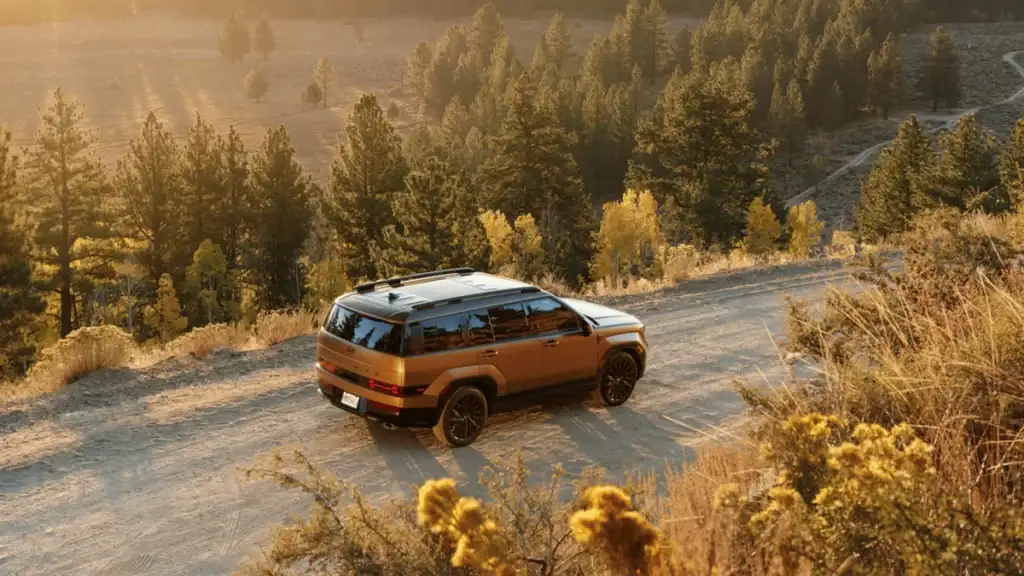 Rear view of the 2025 Hyundai Santa Fe Hybrid driving through a scenic forest trail at sunset, showcasing its rugged design and off-road capability near Athens, GA.