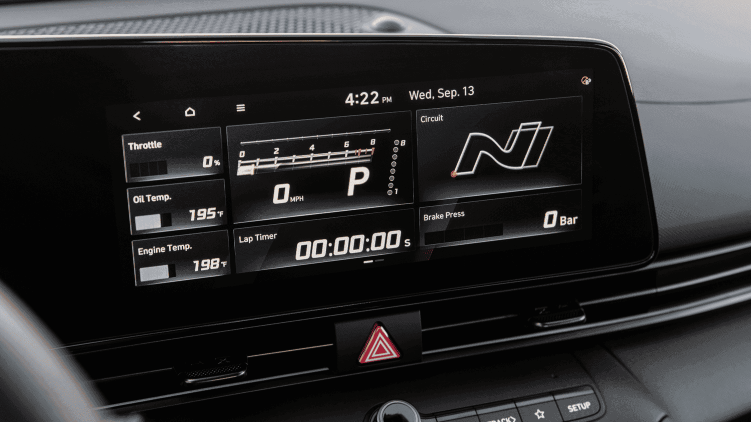 Digital dashboard in the 2025 Elantra N with lap timer and throttle info—track-ready tech for Athens, GA enthusiasts.