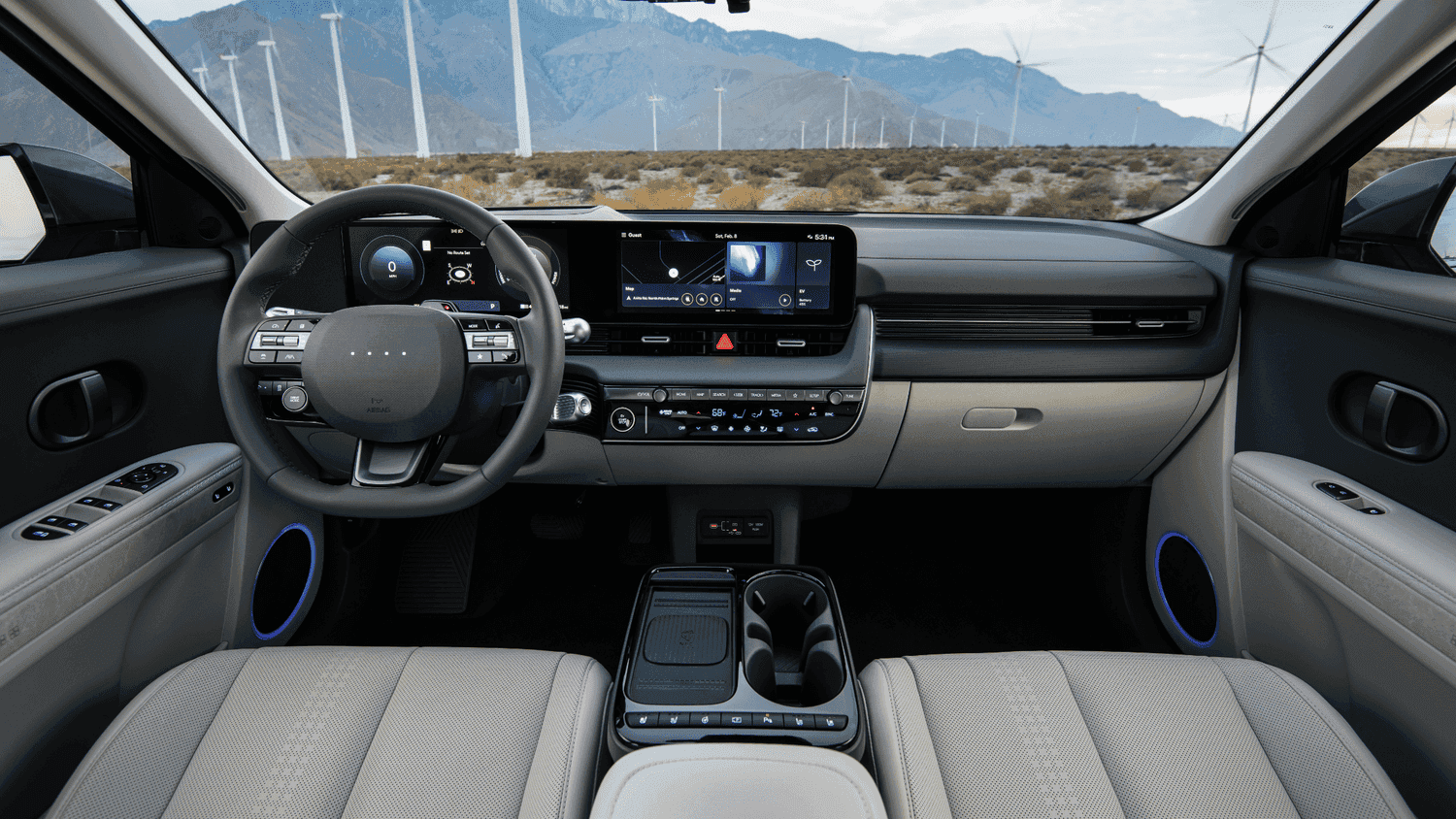 High-tech dashboard of the 2025 Hyundai IONIQ 5 EV, captured in Athens, GA, featuring a widescreen digital cockpit and sustainable interior materials.