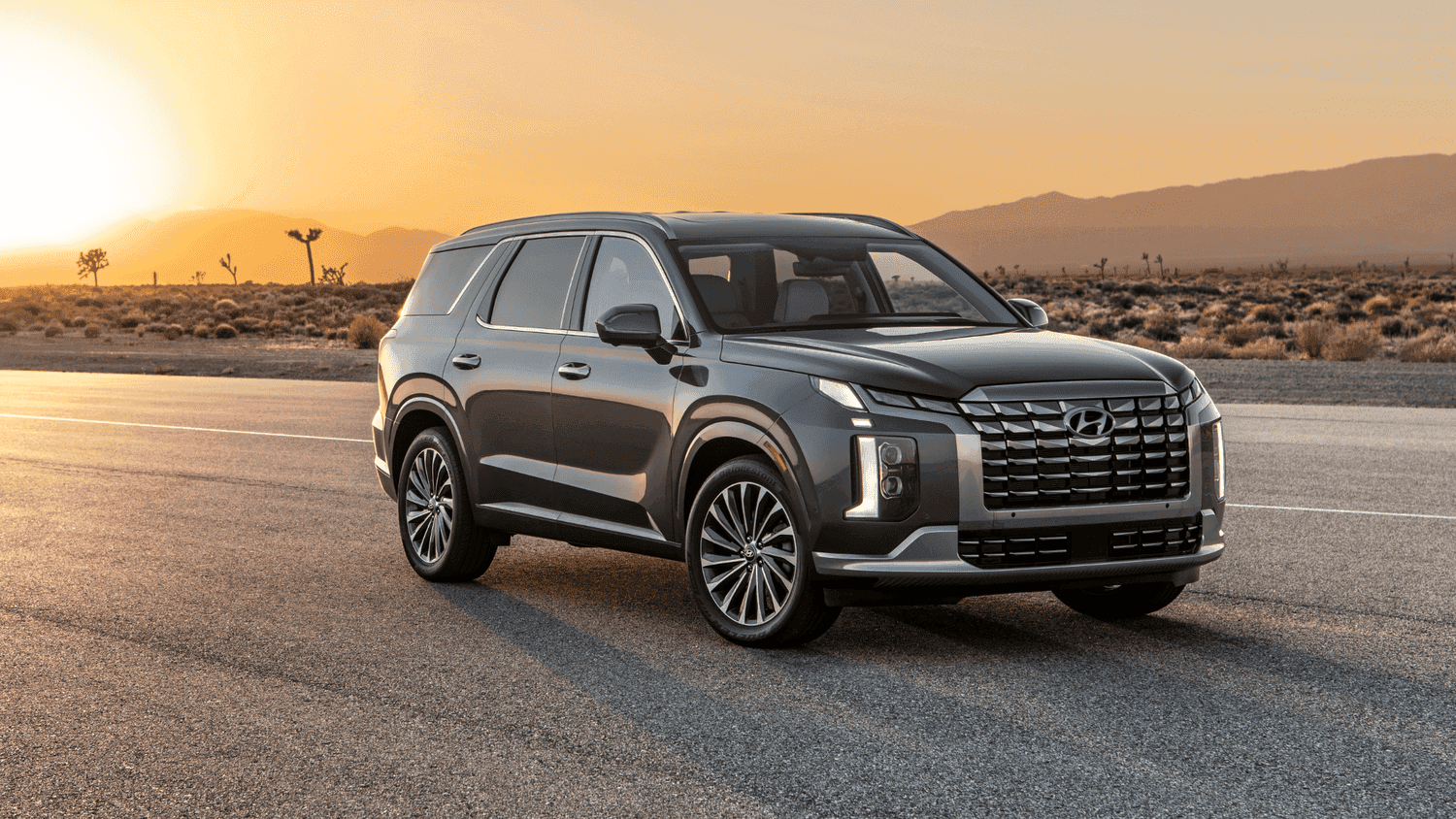 The 2025 Hyundai Palisade parked on a desert highway at sunset, combining SUV strength and style for Athens, GA road trips.