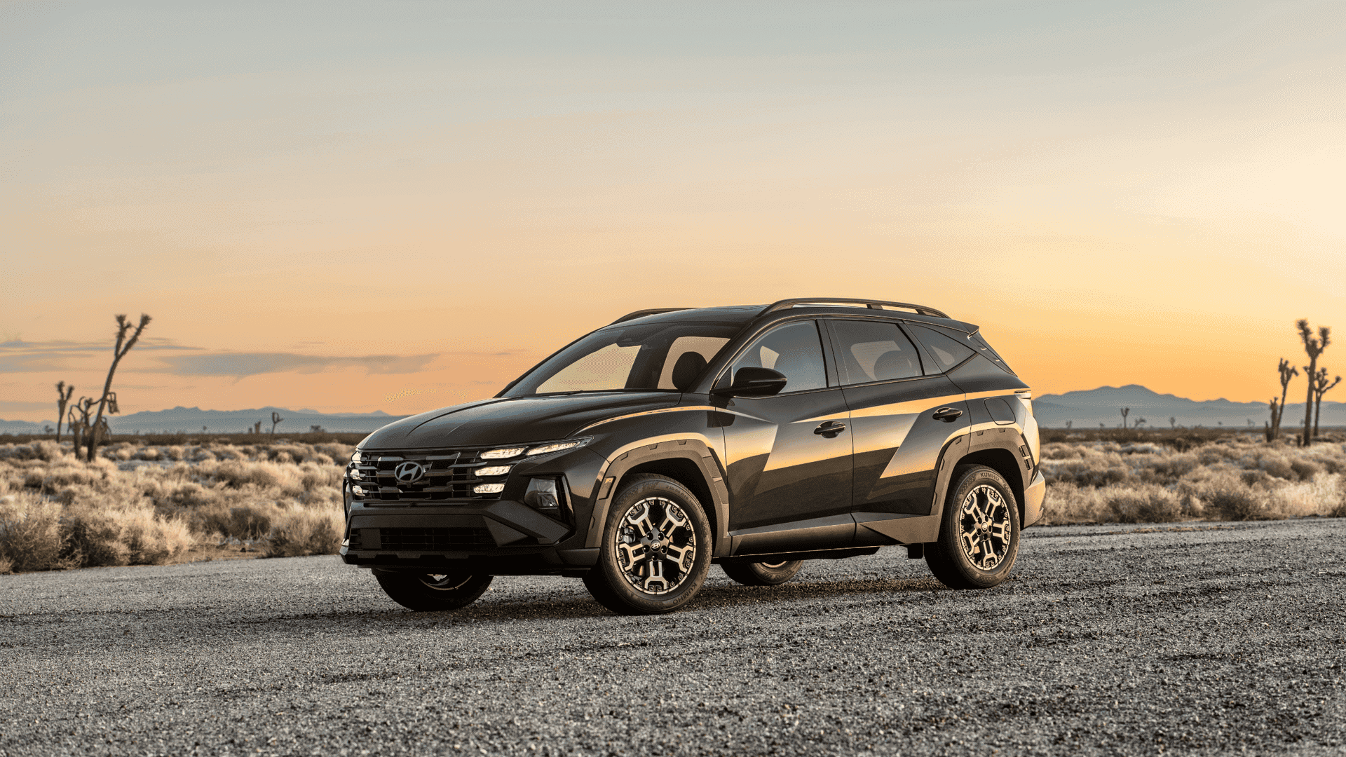 2025 Hyundai Tucson parked in desert landscape at sunset, showing rugged black exterior and stance.