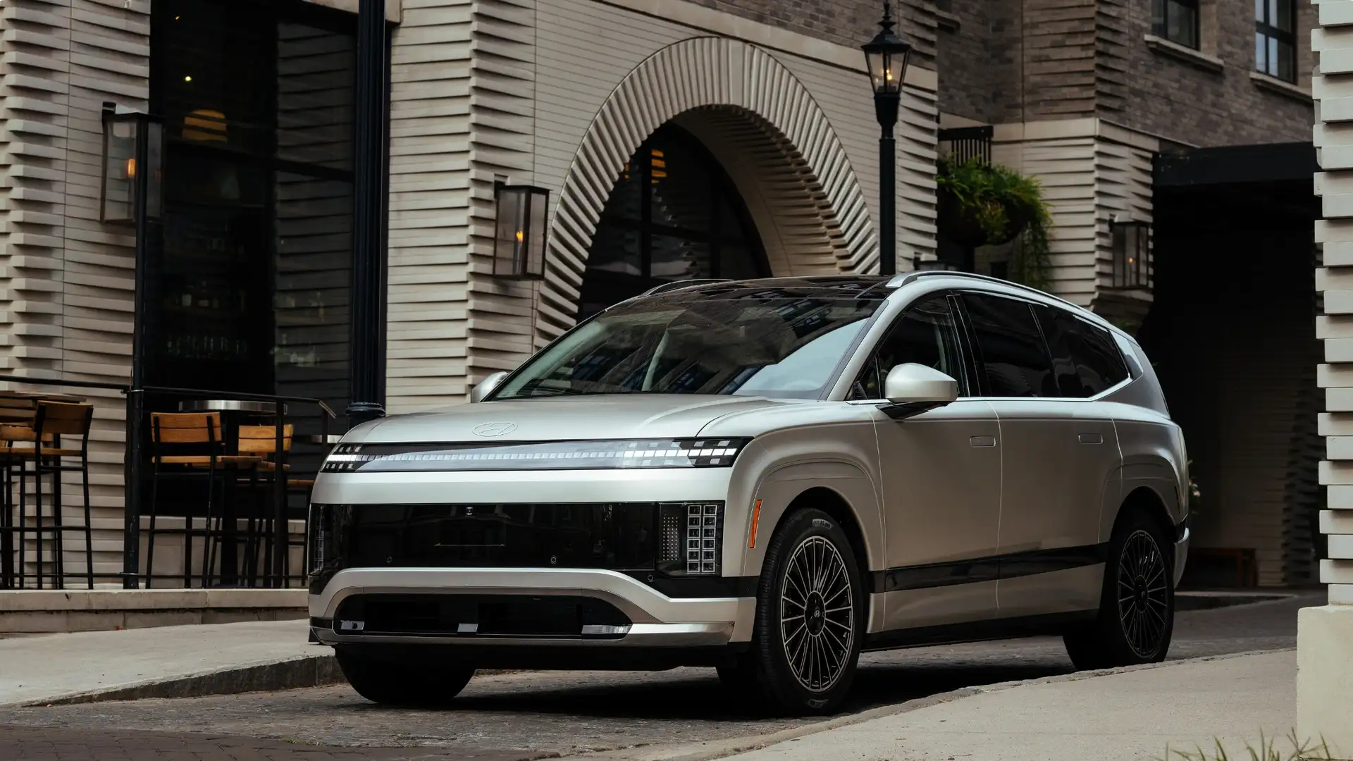 2026 Hyundai IONIQ 9 electric SUV exterior front view parked in urban setting.