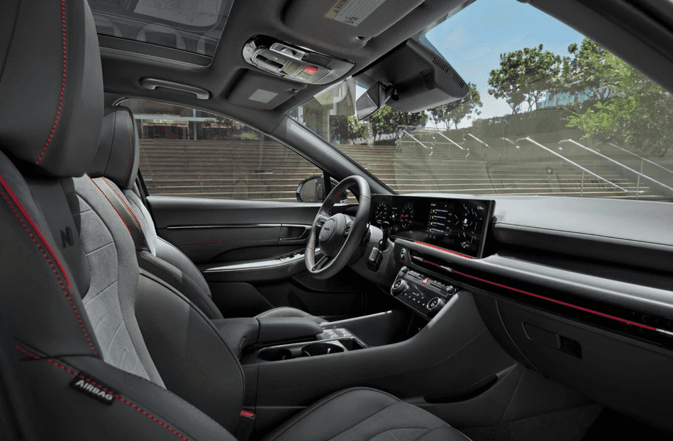 Interior view with red trim stitching and digital display in 2025 Hyundai Sonata N Line