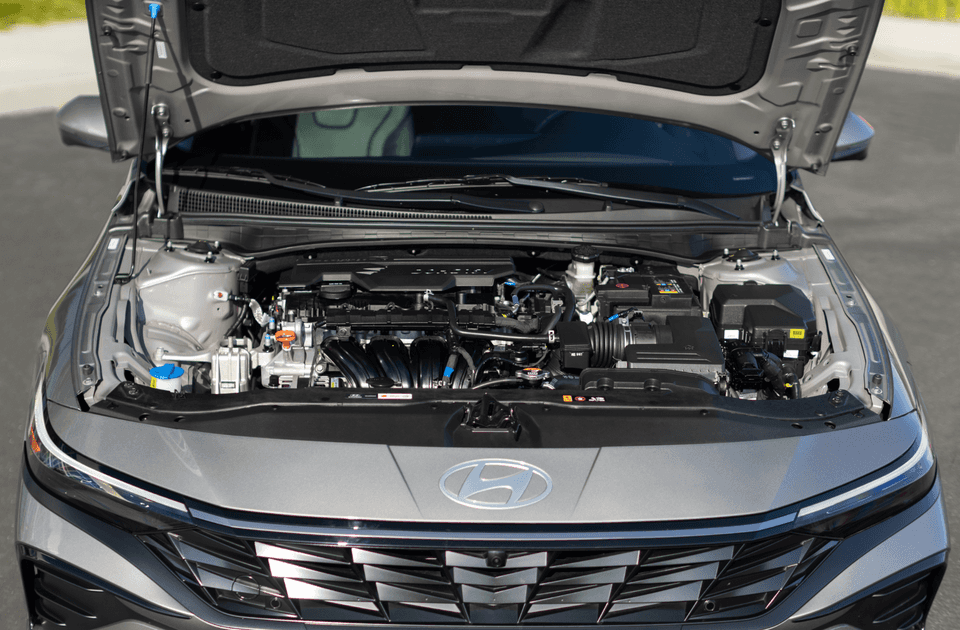 2025 Hyundai Elantra engine compartment with detailed view of components.