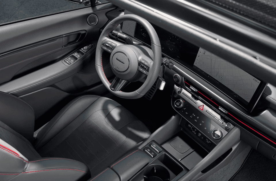 2025 Hyundai Sonata interior cockpit showing steering wheel, screens, and console design.