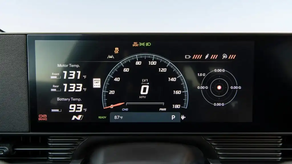 Digital instrument cluster of 2026 Hyundai IONIQ 5 N displaying speedometer and battery temperature.