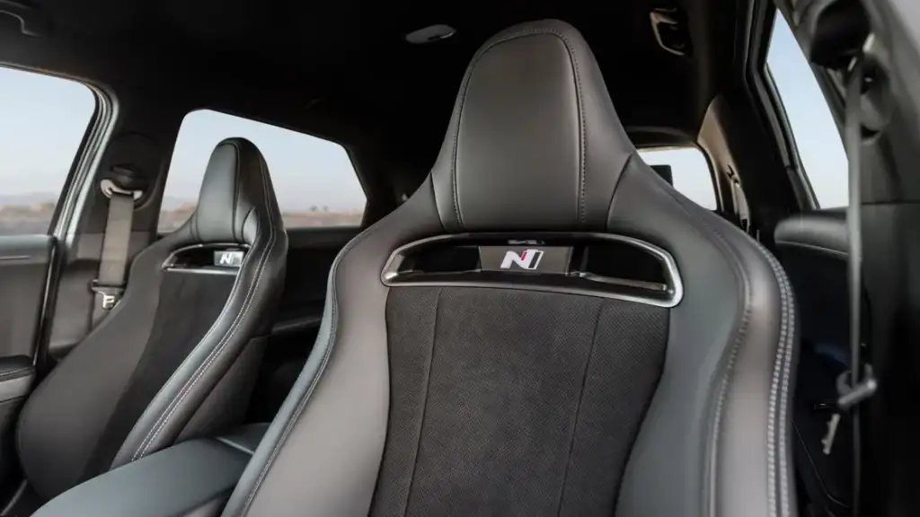 Interior close-up of 2026 Hyundai IONIQ 5 N sport seats with N logo and premium stitching detail.