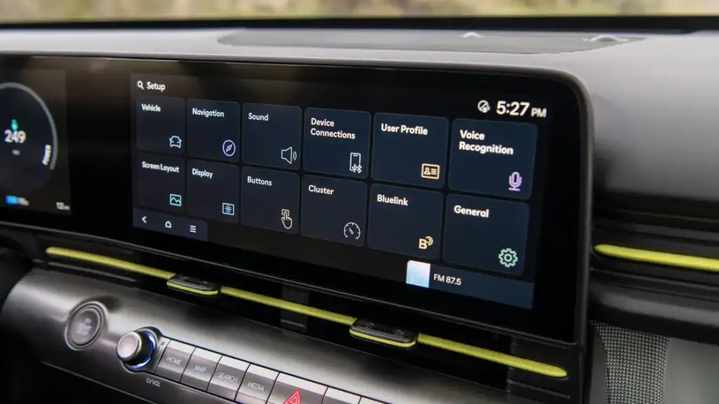 2026 Hyundai Kona Electric infotainment touchscreen with navigation, EV status, and smart controls.