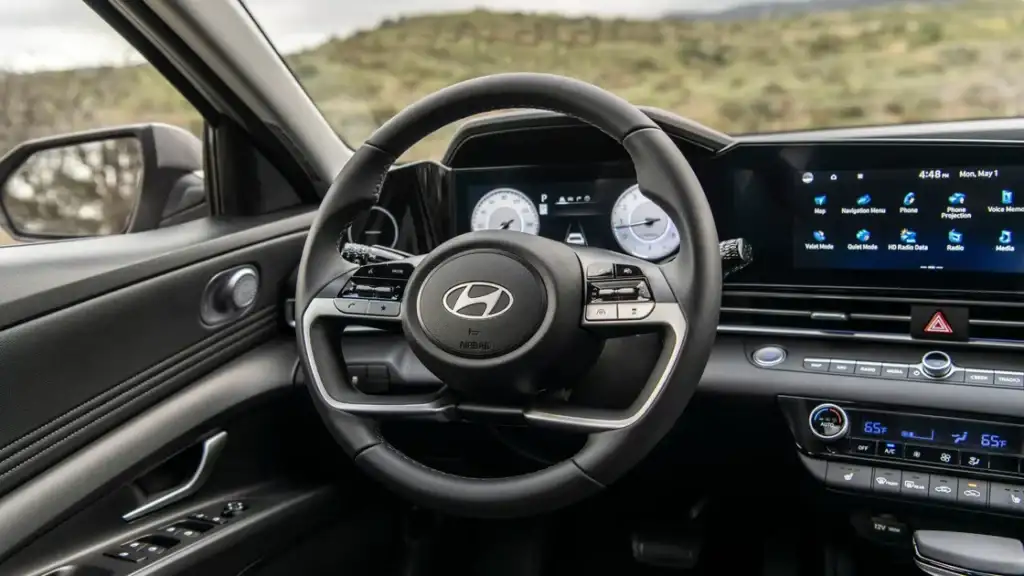 Full dashboard view of the 2026 Hyundai Elantra featuring a dual-screen layout and modern cabin design.