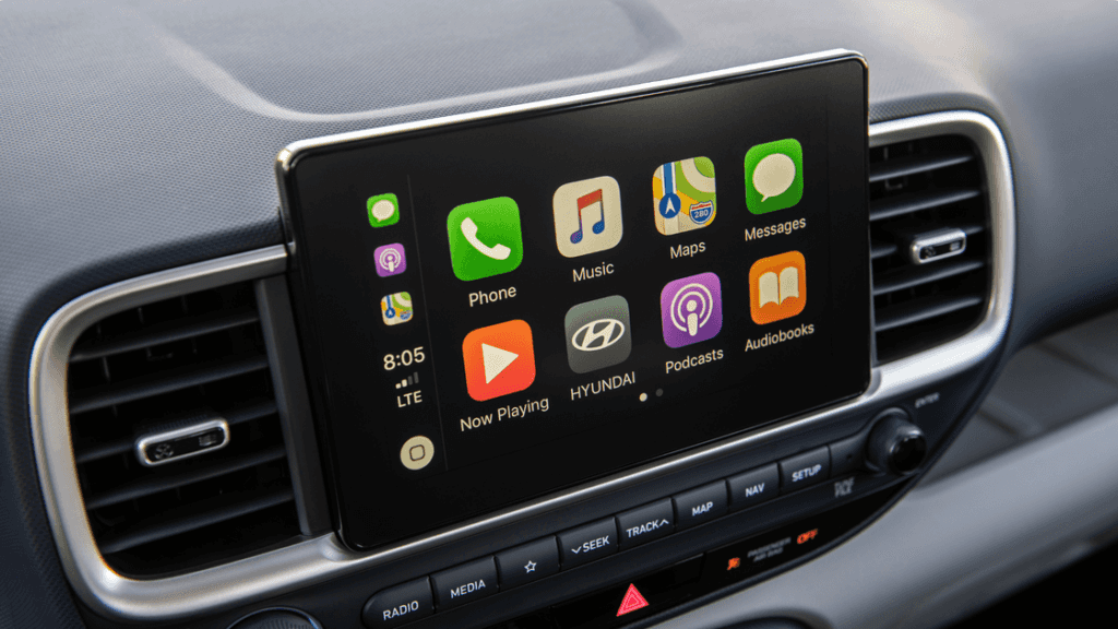 2026 Hyundai Venue infotainment screen with Apple CarPlay apps and touchscreen display.