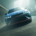 Aggressive front view of the 2025 Hyundai IONIQ 5 N in blue with LED headlights in a tunnel.
