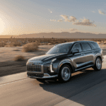2025 Hyundai Palisade driving at sunset on desert highway with chrome grille and LED headlights.