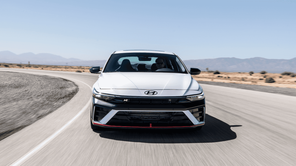 Hyundai Elantra N 2025 model front profile with bold grille on desert test road.