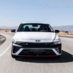 Hyundai Elantra N 2025 model front profile with bold grille on desert test road.