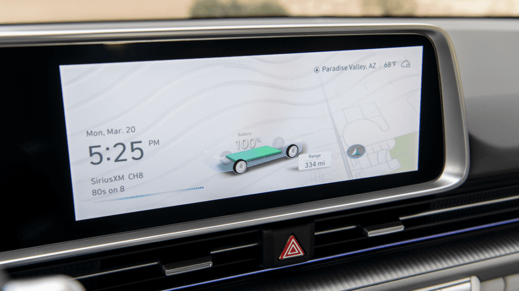 2025 Hyundai IONIQ 6 digital dashboard showing full battery and 334-mile range.