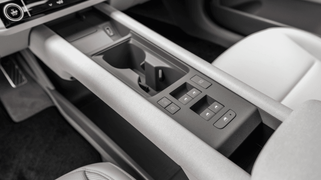 Close-up of the 2025 Hyundai IONIQ 6’s center console with window and lock controls.