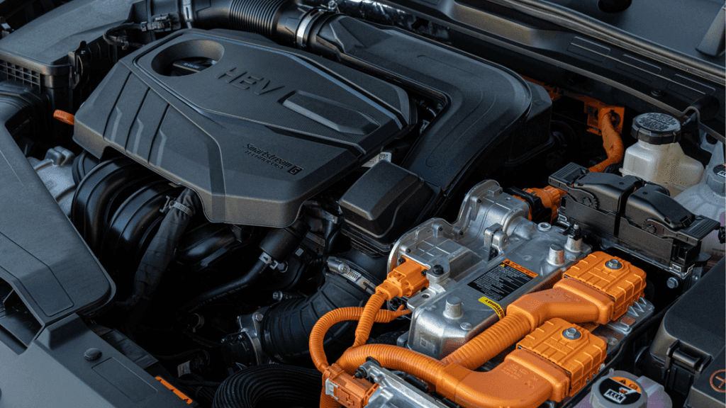 Close-up of 2025 Hyundai Sonata Hybrid powertrain showing Smartstream G engine and hybrid system.