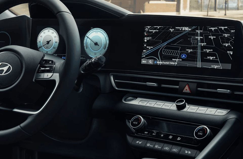 2025 Hyundai Elantra Hybrid digital instrument cluster and touchscreen navigation system.