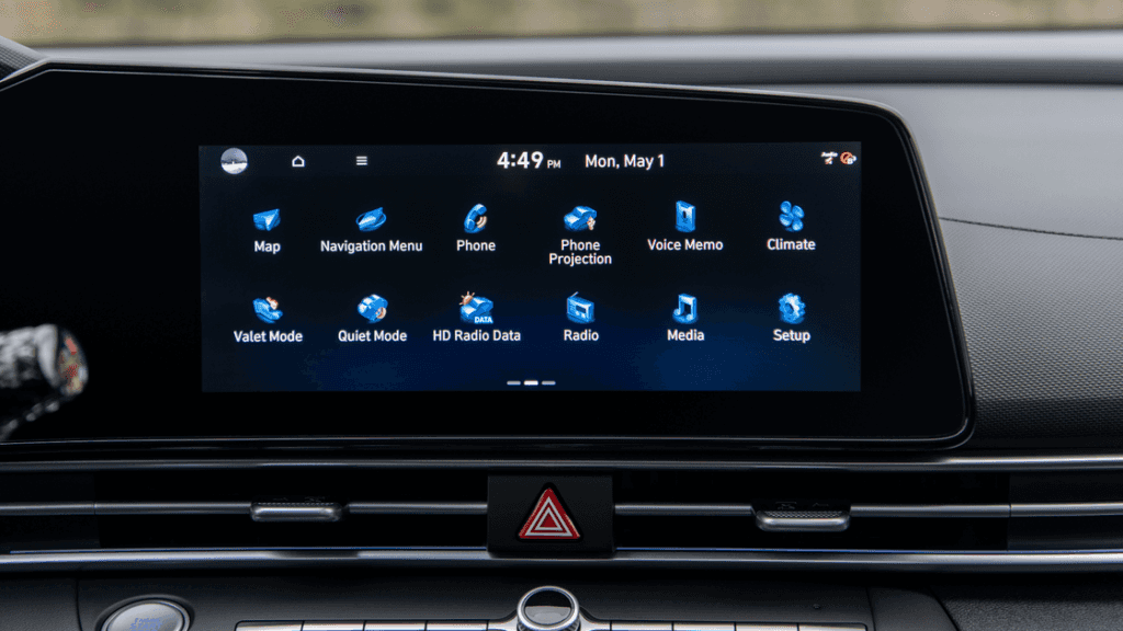 Close-up of the 2025 Hyundai Elantra touchscreen infotainment system with navigation and media apps.