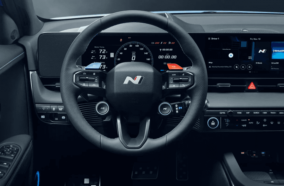 Interior dashboard and steering of the 2025 Hyundai IONIQ 5 N, showing performance-focused displays.