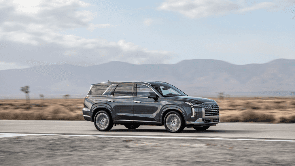 Rear cargo area of the 2025 Hyundai Palisade with third-row seats folded for maximum storage