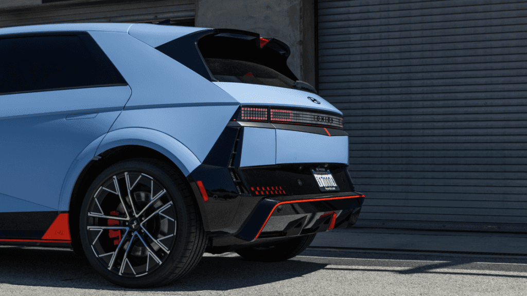 Rear view of the 2025 Hyundai IONIQ 5 N showcasing pixel LED taillights and performance diffuser.