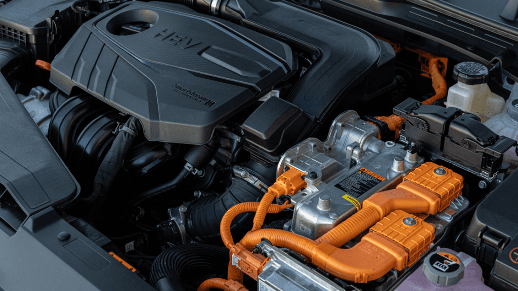 Detailed view of the hybrid engine components under the hood of the 2025 Hyundai Sonata Hybrid.