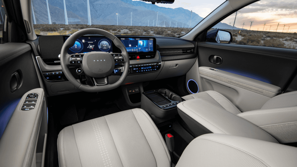2026 Hyundai IONIQ 5 interior with digital cockpit and leather seats featuring modern design.