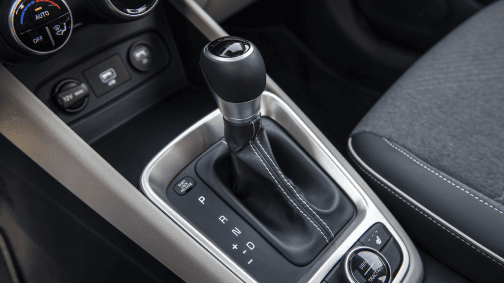 2026 Hyundai Venue gear shift close-up with black leather and chrome trim finish.