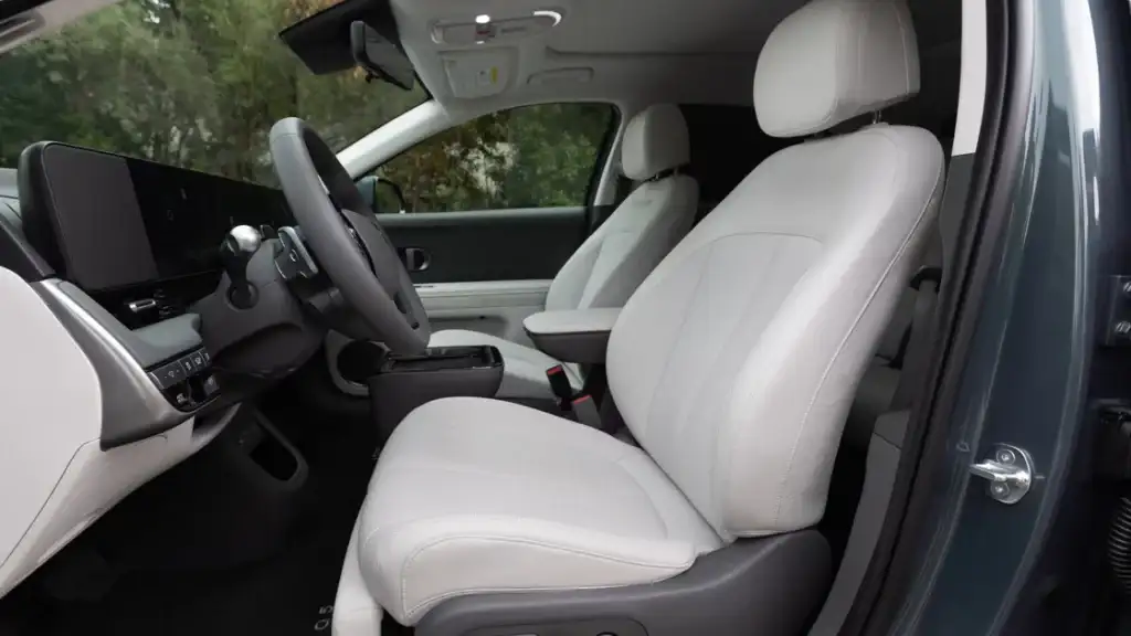 Front seats of the 2025 Hyundai IONIQ 5 featuring premium upholstery and ergonomic cabin layout.
