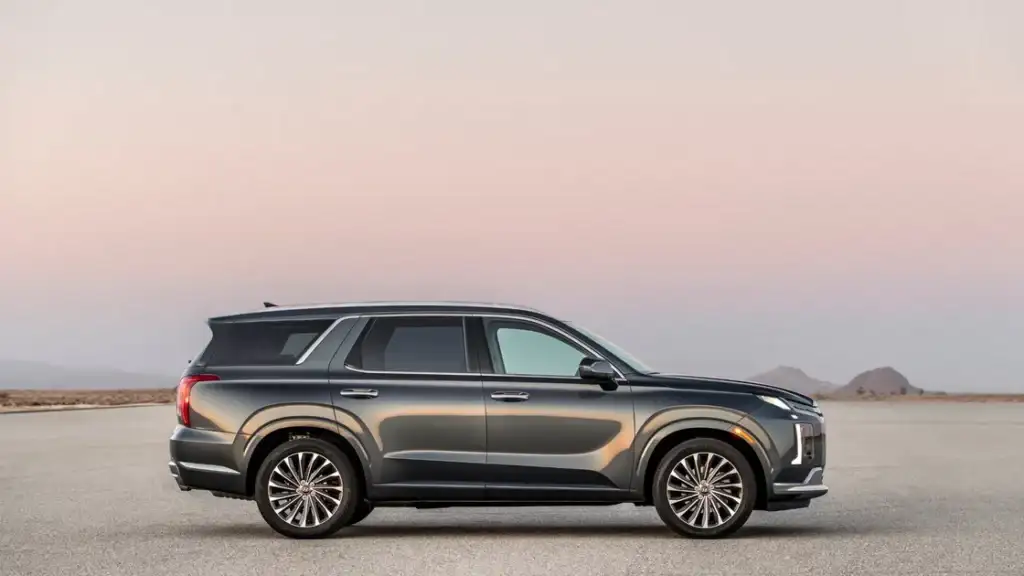 Side profile view of the 2025 Hyundai Palisade SUV in metallic gray parked under a sunset sky.