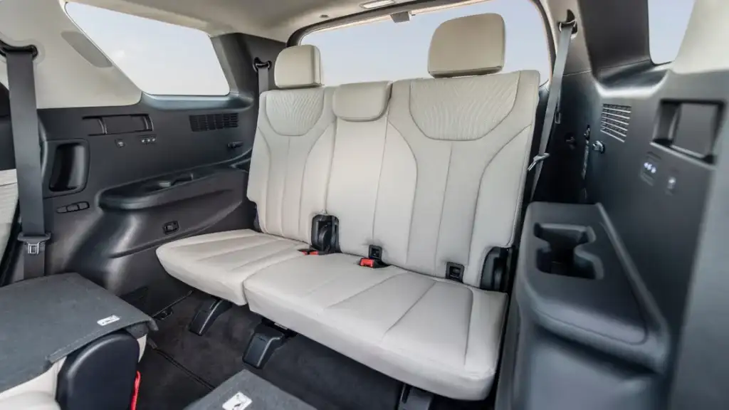 Third-row seats of the 2025 Hyundai Palisade with premium light-colored leather upholstery and spacious layout.
