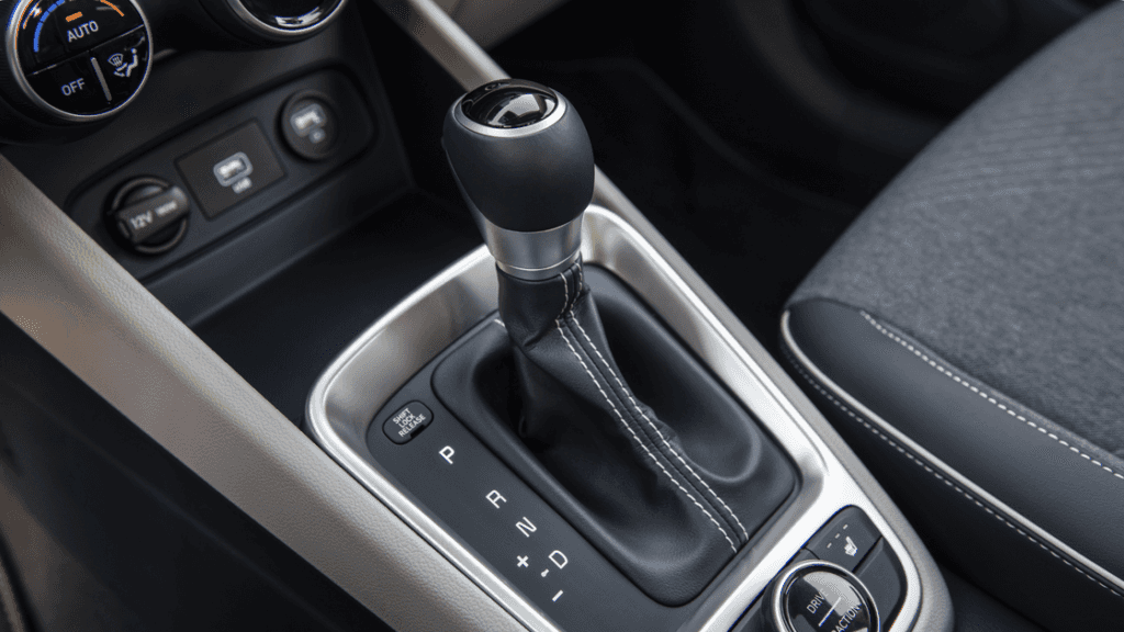 2025 Hyundai Venue gear shifter close-up displaying stitched leather design and shift controls.