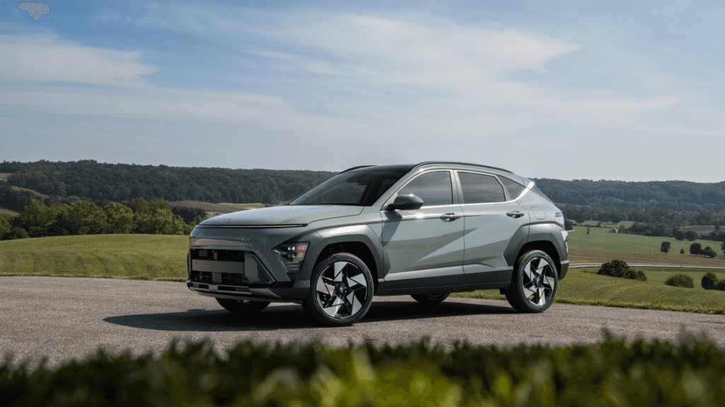 2026 Hyundai Kona front interior seats with light upholstery and center console design.