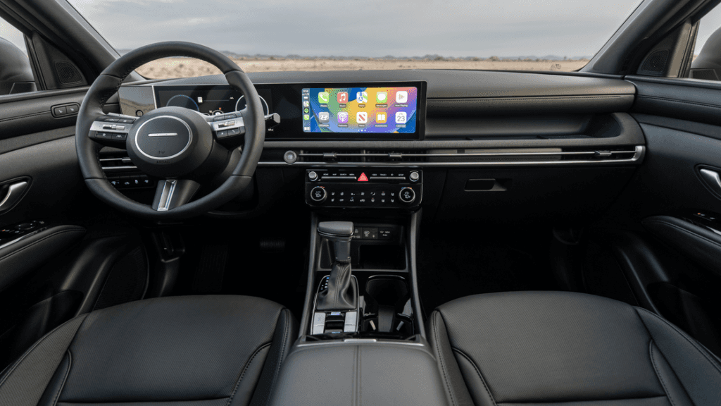 2026 Hyundai Santa Cruz interior dashboard with touchscreen infotainment and center console.