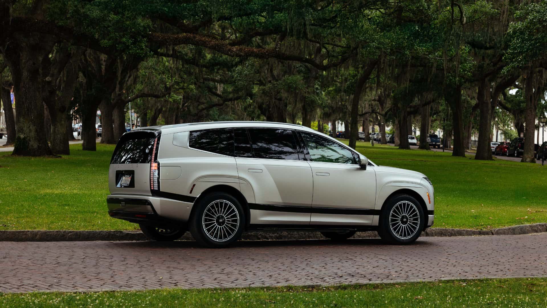 2026 Hyundai IONIQ 9 luxury electric SUV side profile parked near park landscape.