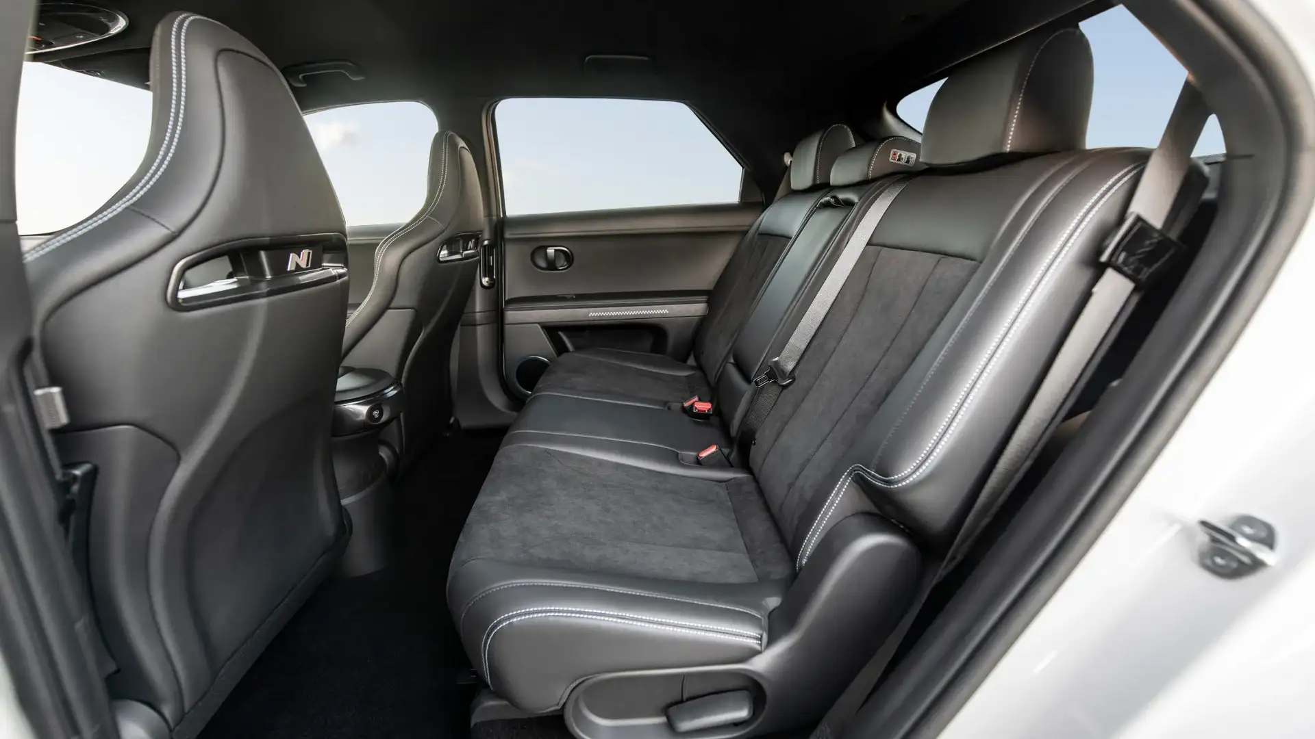 2026 Hyundai IONIQ 5 N rear seats with black sport upholstery, seatbelts, and contrast stitching.