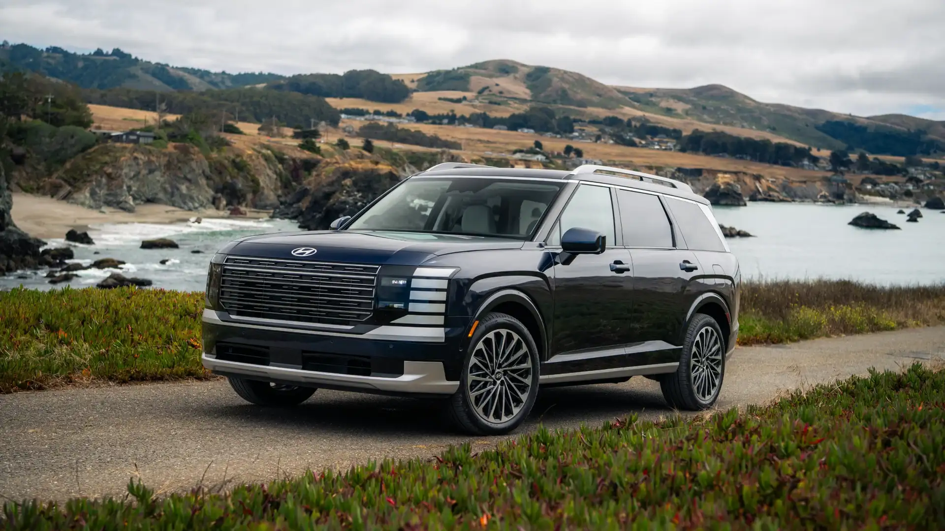 2027 Hyundai Palisade black SUV parked near a coastal overlook with hills and ocean backdrop.